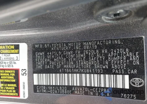 2019 Toyota Camry Xse from USA, damaged, VIN 4T1B61HK7KU841193